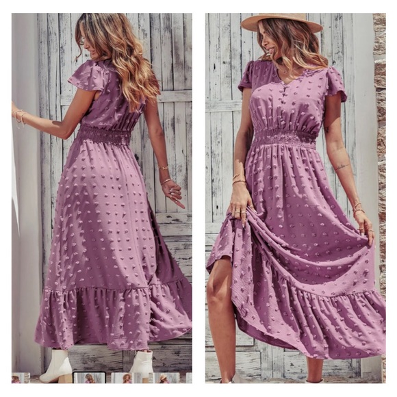 NWT V Neck Swiss Dot Ruffle Tiered Smocked Cocktail Maxi Dress - Picture 1 of 5